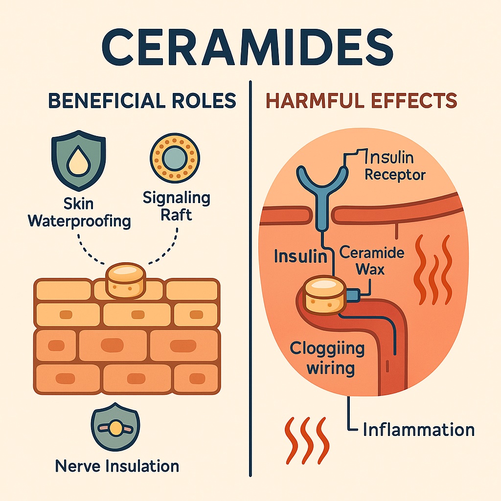 Infographic contrasting ceramides’ normal roles in sealing skin, signaling, and nerve insulation with their harmful buildup that blocks insulin and fuels inflammation.